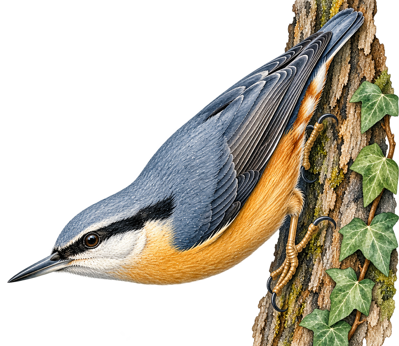 Aquarellillustration eines Kleibers mit blaugrauem Rücken, schwarzem Augenstreif und orangebeiger Unterseite, der kopfüber an einem Baumstamm klettert.